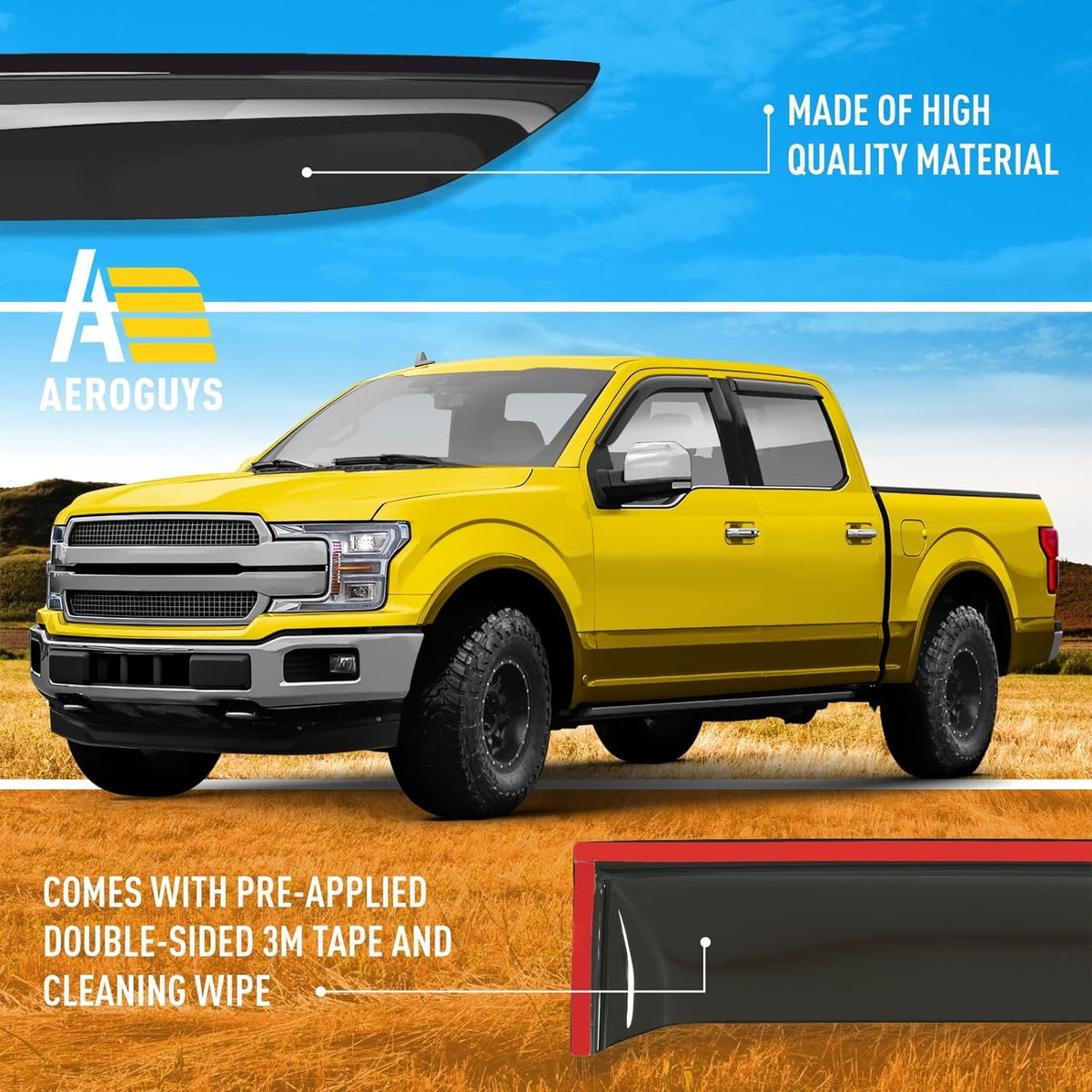 Extra Durable Window Deflectors Tape-On Window Visors Rain Guards Fit for Ford F150 2015-2025 SuperCrew, Sun Visors, Wind Vent for Shades, Exterior Car Accessories - 4pcs. AG0050