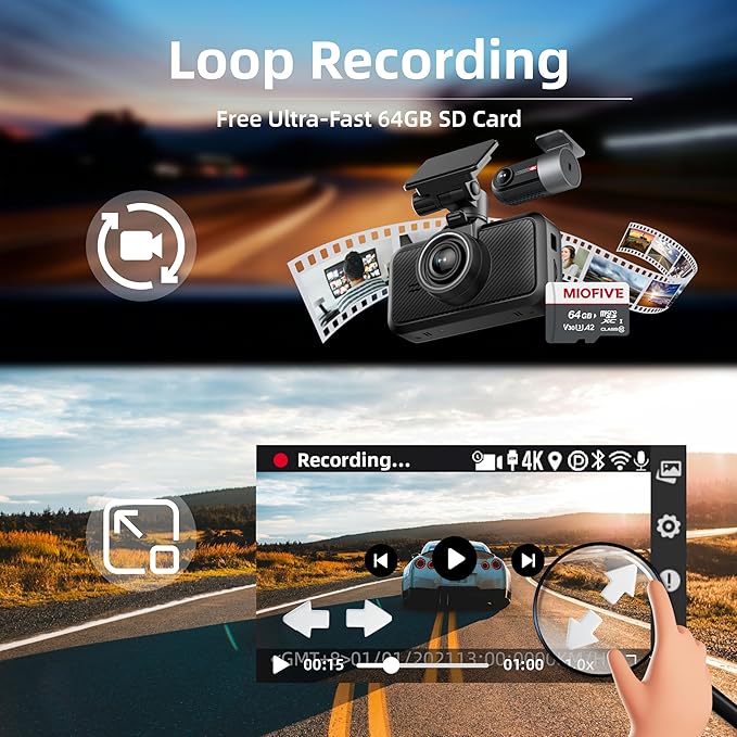 Miofive Dash Cam Car Front Rear 4K+4K WiFi Bluetooth Dash Cam with 64GB SD Card, Dual Car Camera with Parking Monitoring, Super Night Vision, HDR, G-Sensor, Loop Recording, App Control, Max 512GB