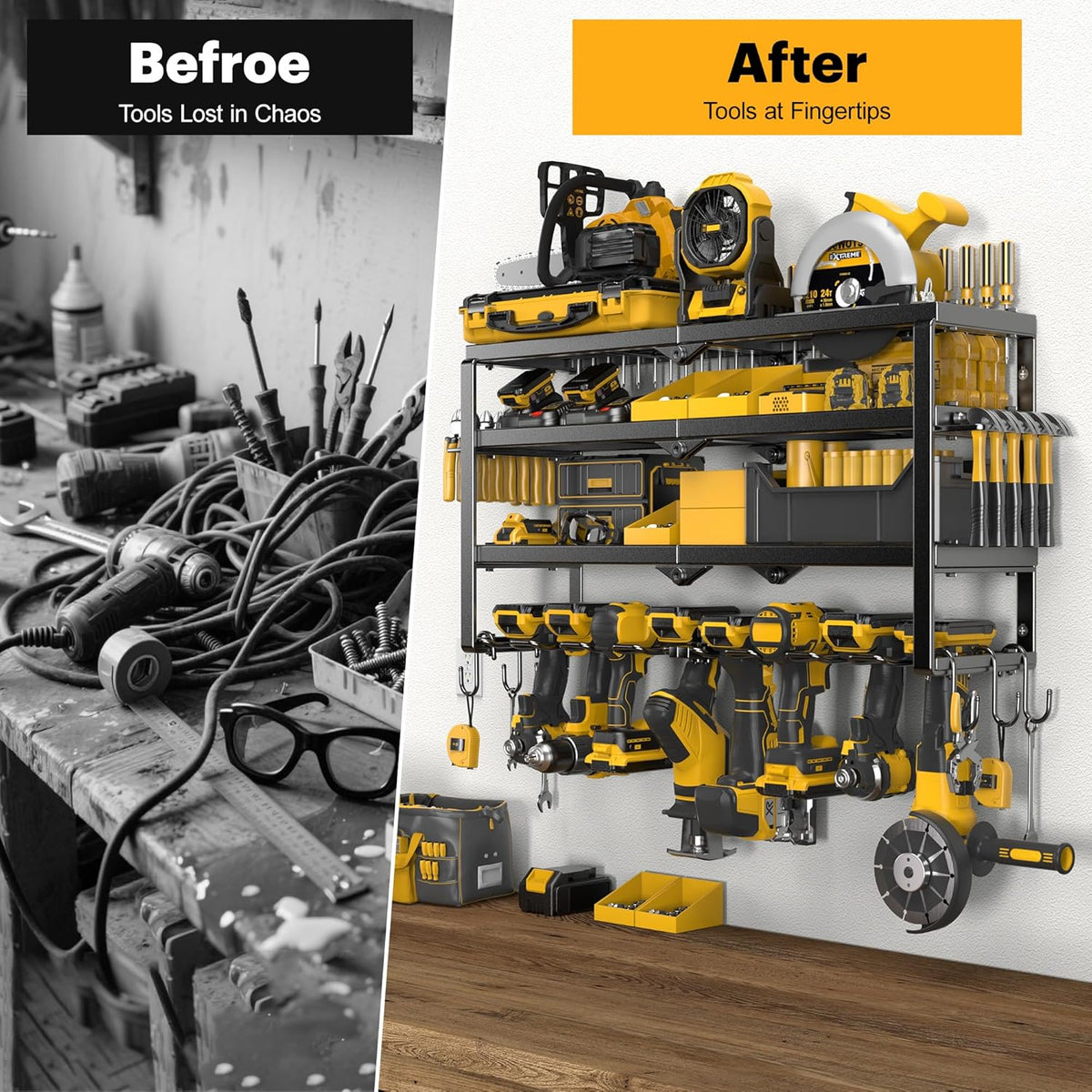 Large Power Tool Organizer Wall Mount, Maximum 420lbs Load Capacity, 4 Layers Heavy Duty Metal Tool Storage for Garage/Workshop/Shed, Utility Racks with 8 Cordless Drill Holder, Gift for Men