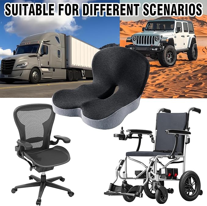 Memory Foam Seat Cushion for Truck Drivers, Office Chairs Ergonomic Seat Cushion for Back, Tailbone Sciatica Pain Relief, Pressure Relief Pad for Long Sitting, Car Seat Desk Chair Use (Gray)