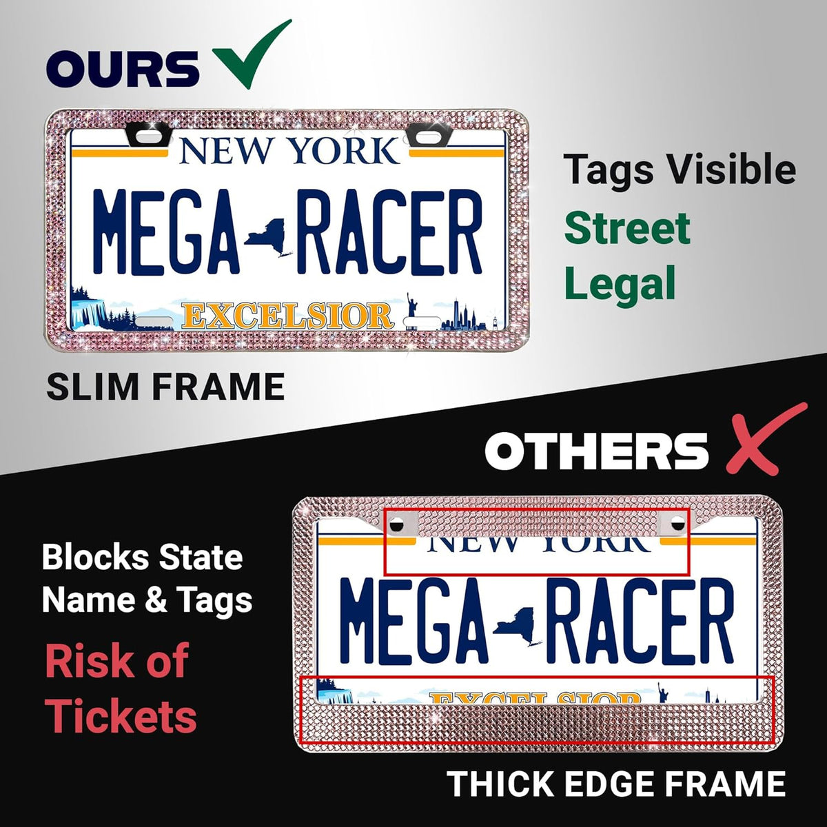 Glamorous Bling License Plate Frame for Women - 1 Pack, 800 Premium Pink Rhinestones, Rust-Free Stainless Steel, Street Legal Slim Design, Sparkly Diamond Car Tag Holder with Glitter Crystal Covers
