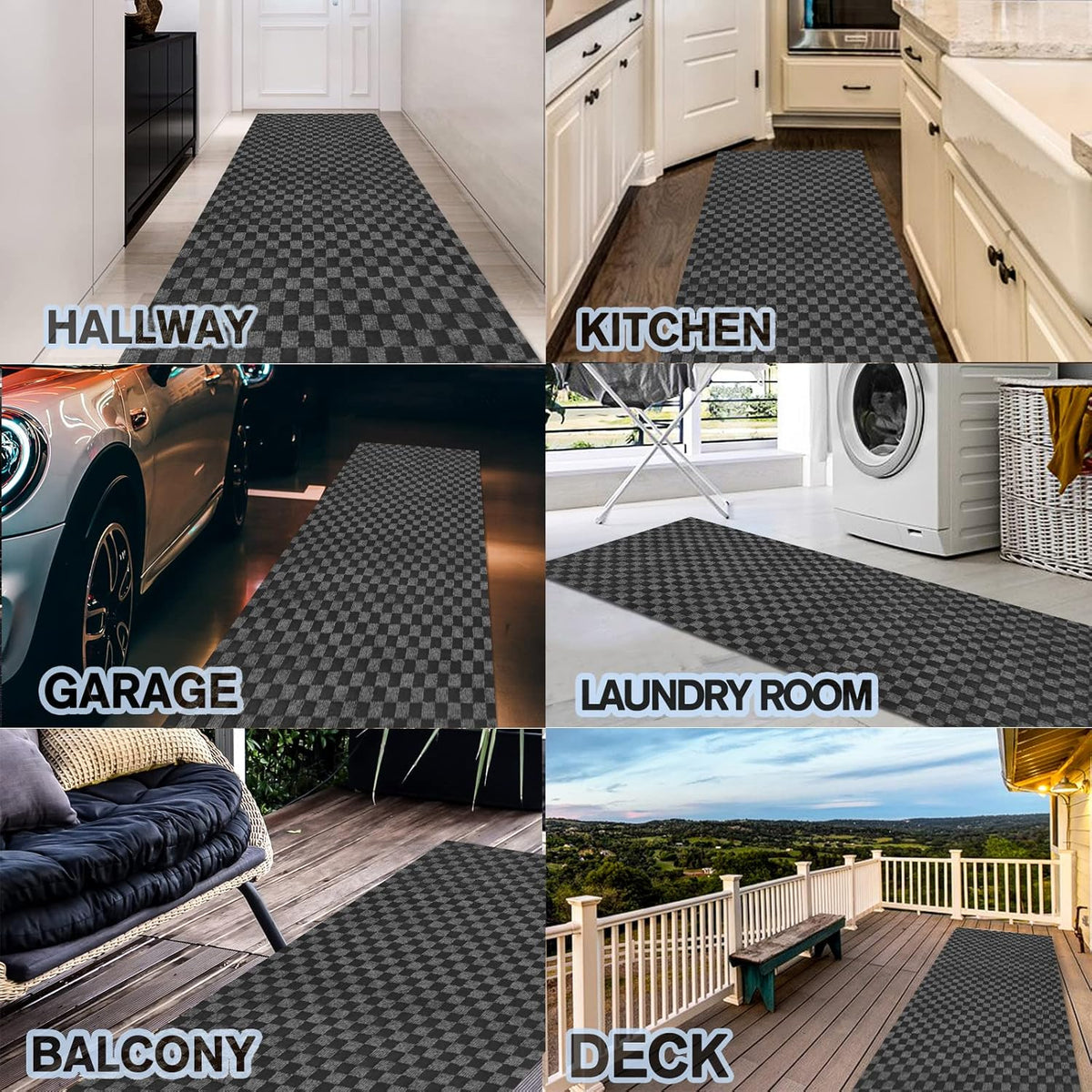 Custom Size Backed Non-Slip Area Rugs Runner, Easy Clean, Waterproof Runner Rugs for Hallway Entryway, Kitchen, Laundry, 3FT x 36FT, Gray Checkered