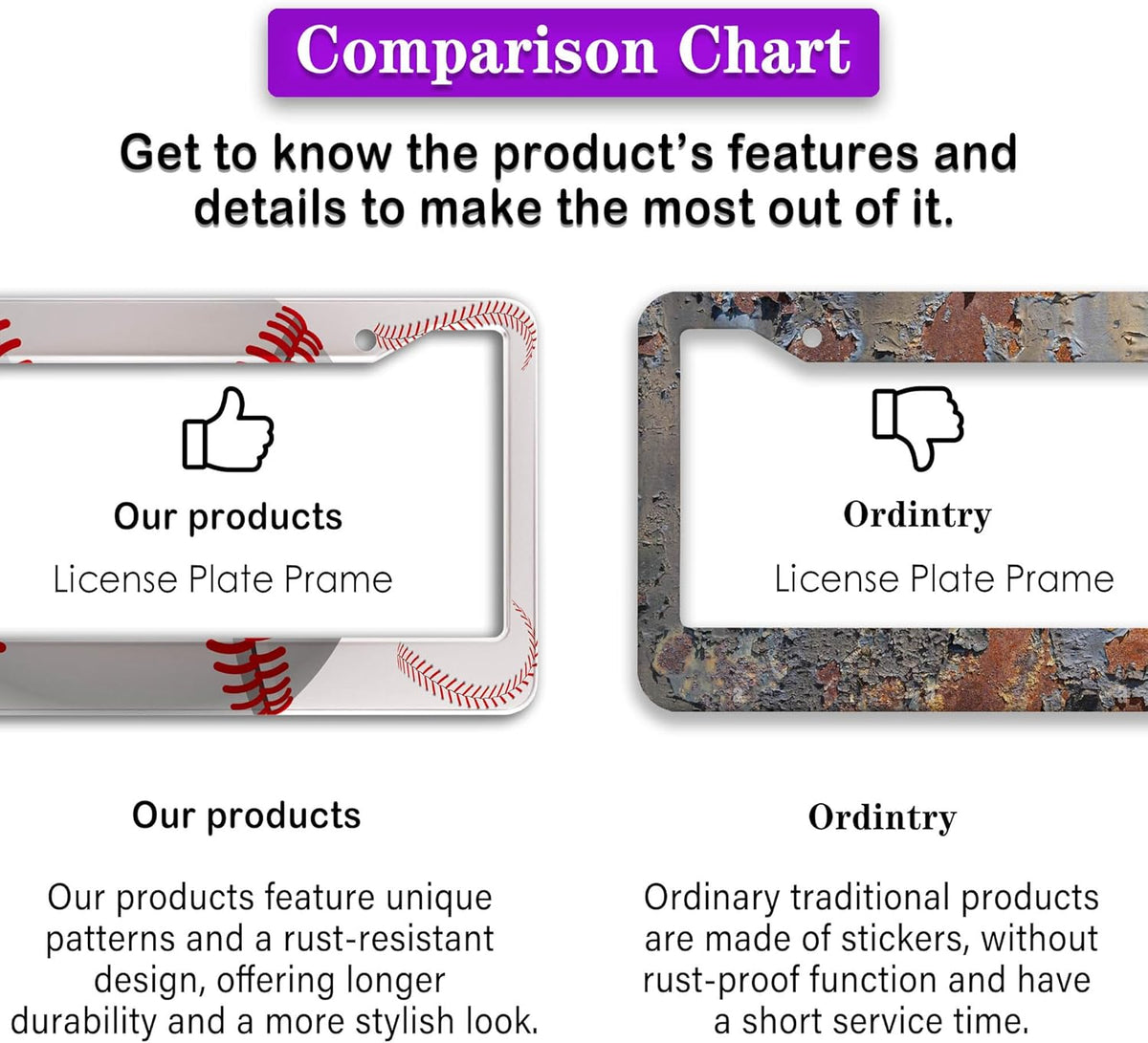 License Plate Frames for Men Red and White License Plate Cover for Women Baseball Texture Aluminum Metal Car Accessory 2 Pack with Screw Covers Set