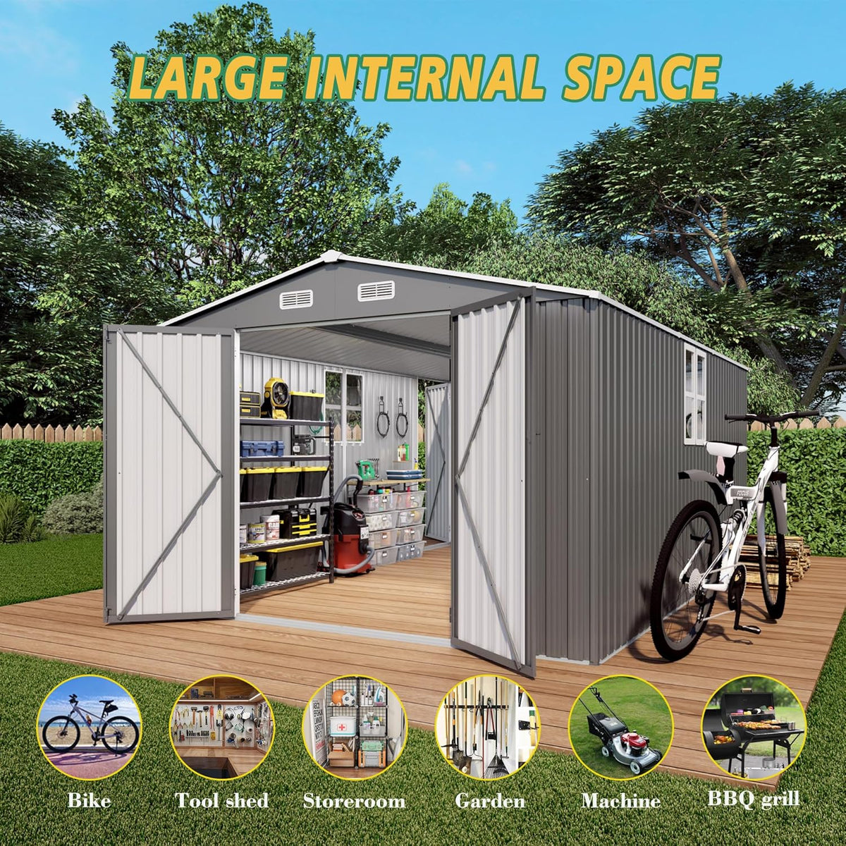 10x14x6.7FT Outdoor Storage Shed, Galvanized Steel Garden Shed with Lockable Door & Window, Waterproof Metal Tool Storage for Garden, Backyard, Patio, Lawn(Grey)