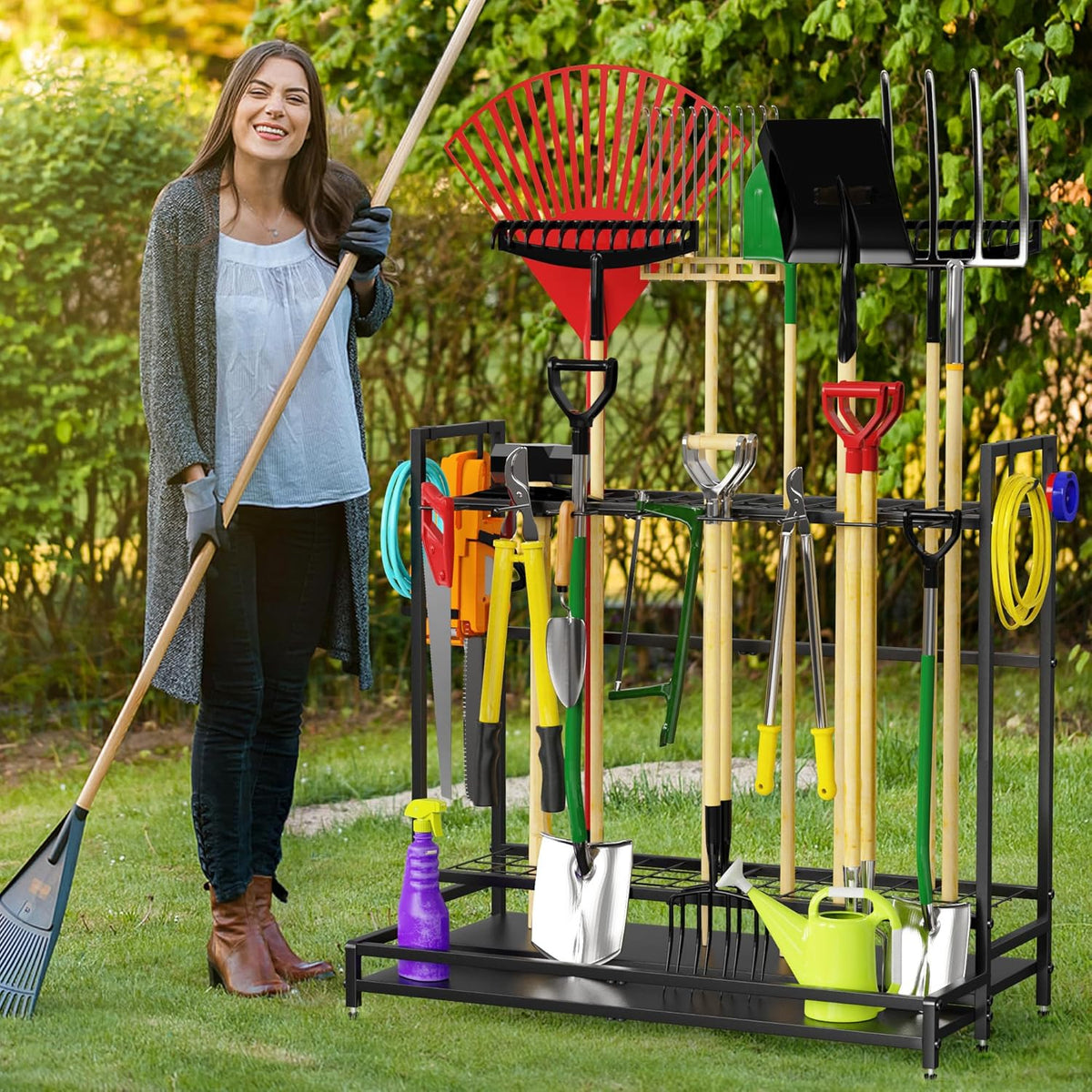 Garden Tool Rack Organizer for Garage Yard Tool Storage, Garden Tools Storage for Organization Black Metal Gardens Tools Holder for Yard Shed Garage