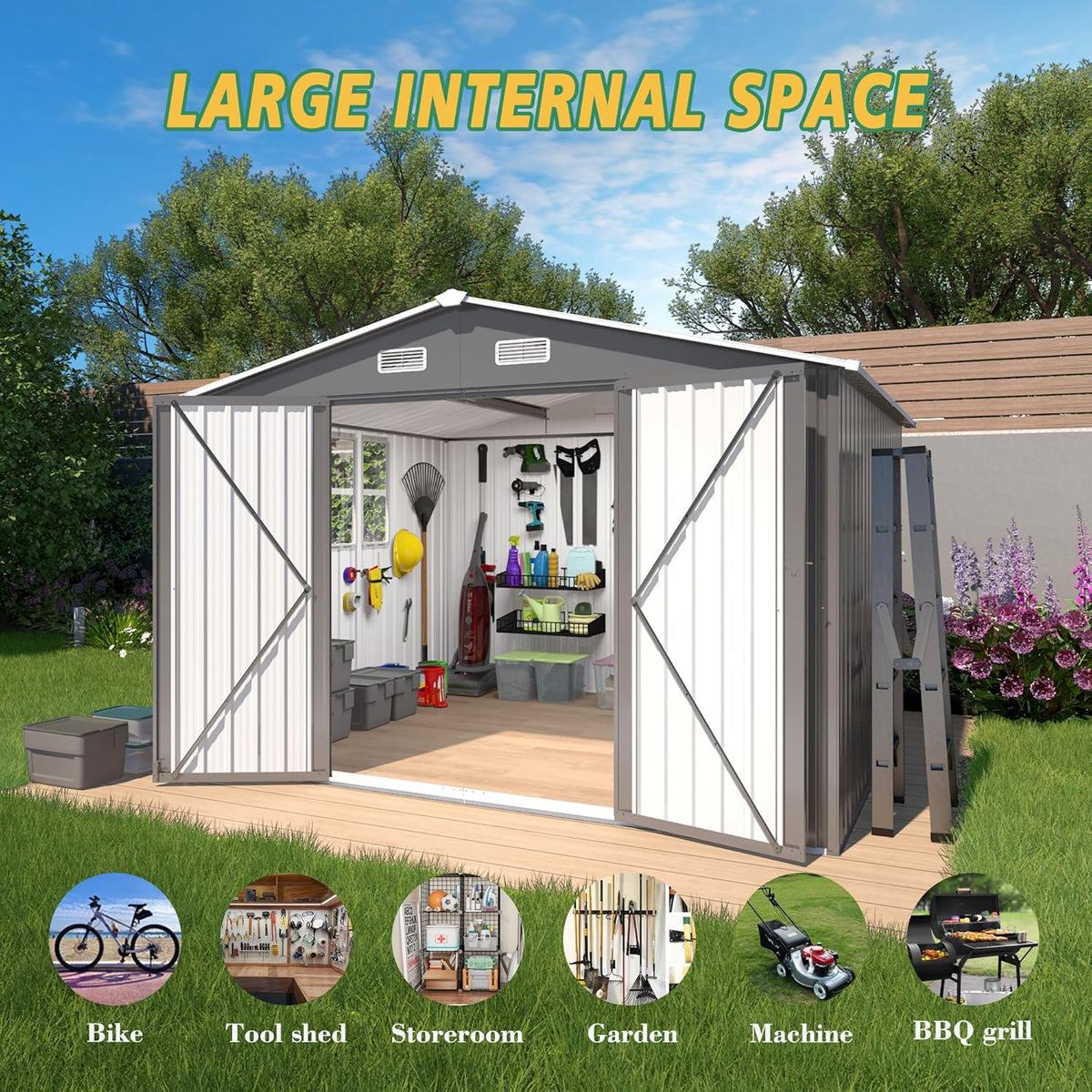 10x8x6.4FT Outdoor Storage Shed, Galvanized Steel Garden Shed with Lockable Door & Window, Waterproof Metal Tool Storage for Garden, Backyard, Patio, Lawn(Grey)