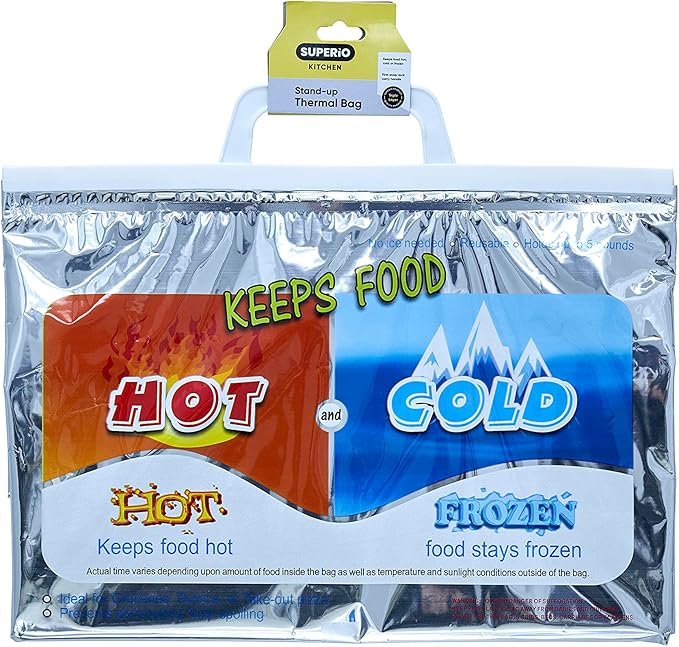 Superio Hot and Cold Insulated Bags for Food Delivery, Grocery Shopping Bags, Food Storage for Hot and Frozen Food for Travel, Disposable Cooler Bag, Reinforced Thermal Lunch Bag (1, 13"x5.5"x8.5")
