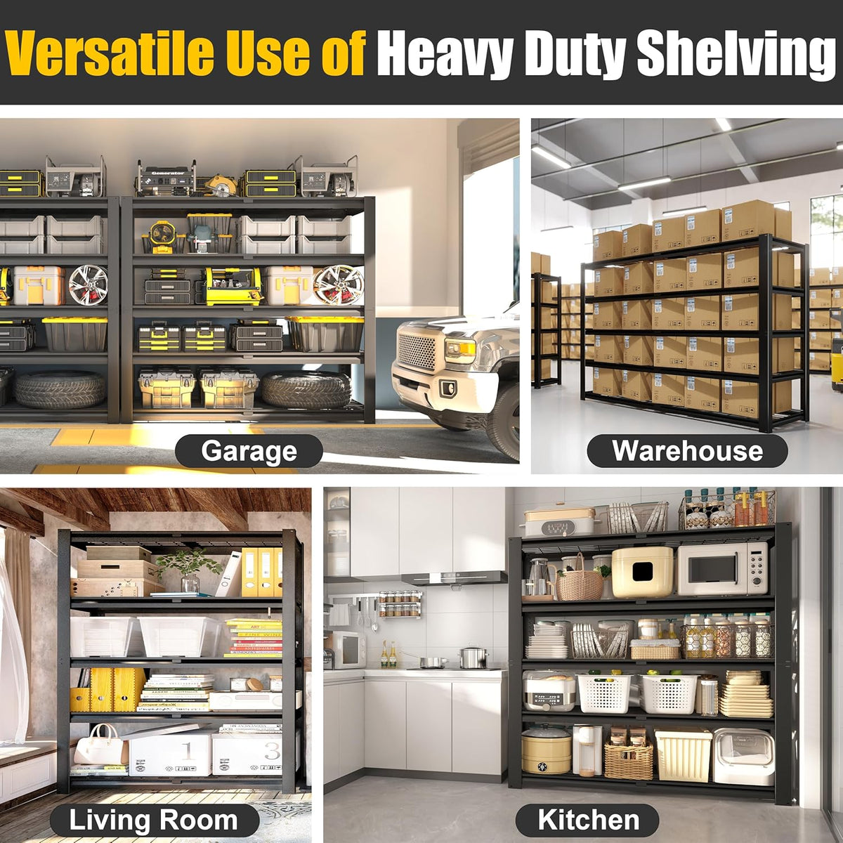 PrimeZone Heavy Duty Storage Shelves - 48" W X 18" D X 72" H Adjustable Garage Wire Shelving Unit, 5 Tier Industrial Metal Shelf Standing Utility Rack for Warehouse, Pantry, Basement, Black, 4 Pack