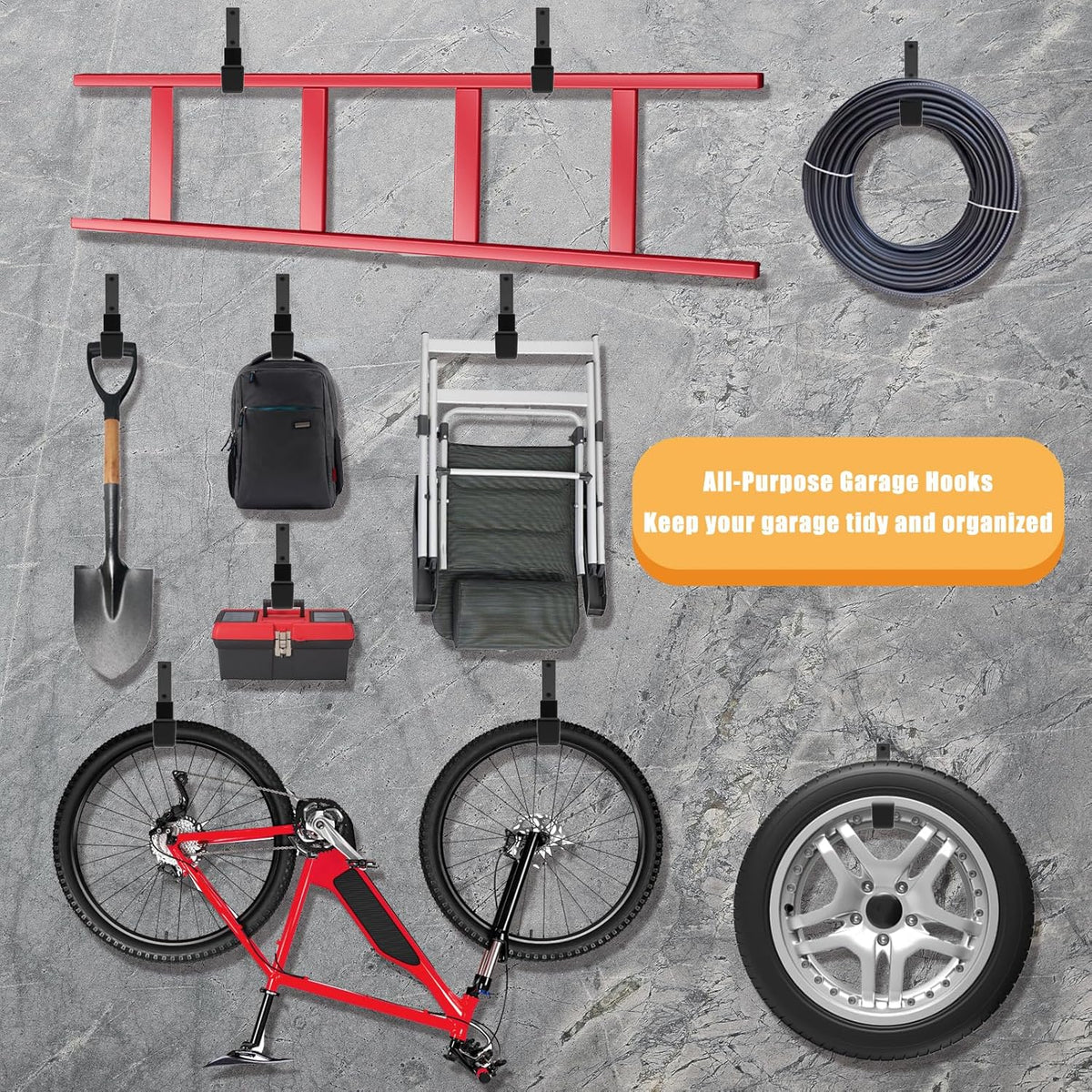 Heavy Duty Utility Hook System - Wall Mounted Garage Hooks for Bikes, Ladders, Tools & More - Black