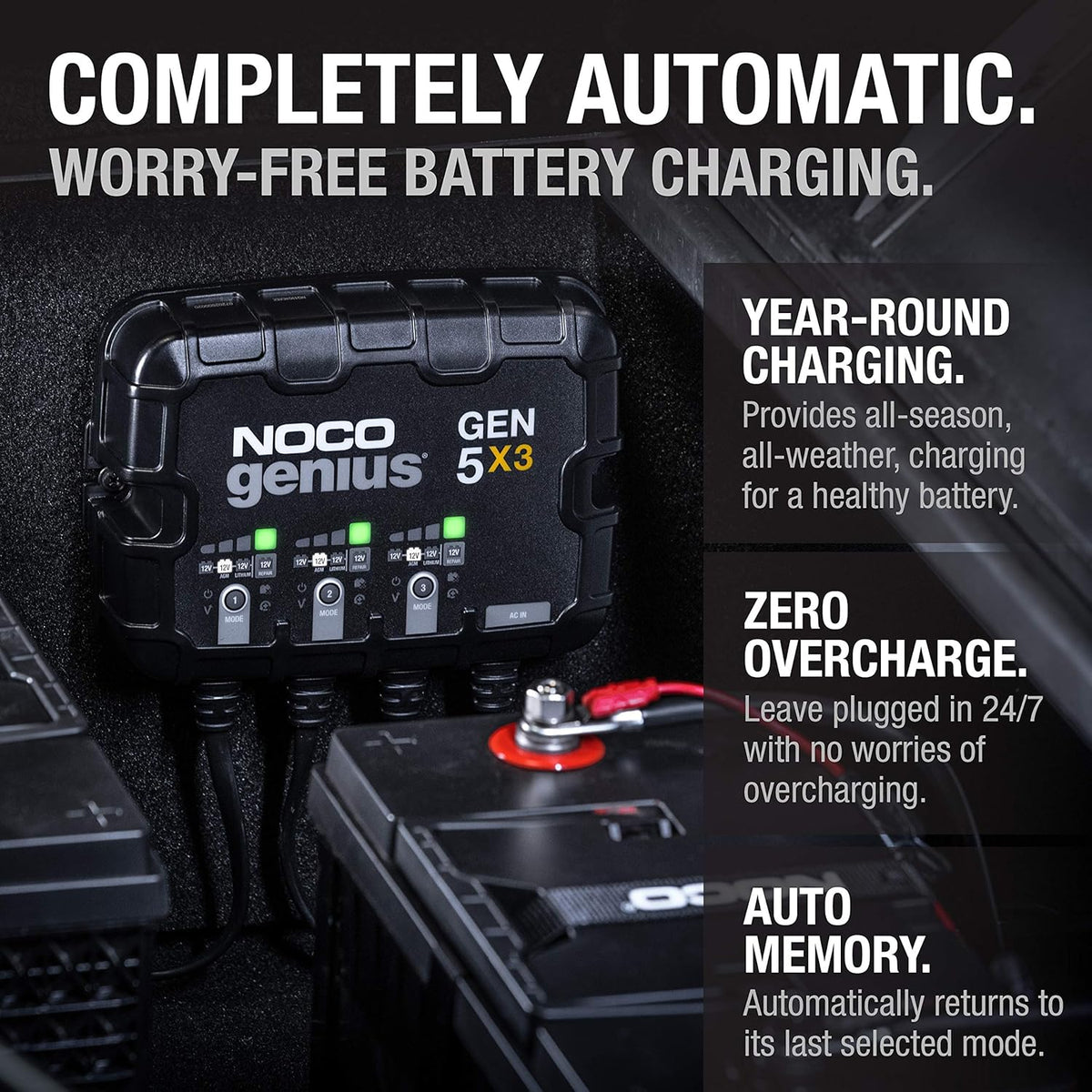 NOCO Genius GEN5X3: 3-Bank, 15A Onboard Battery Charger - 5A Per Bank, 12V Waterproof Marine Charger with Overcharge Protection & Temperature Compensation – for Lead-Acid & Lithium Batteries