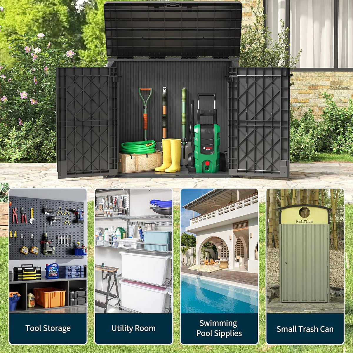 Outdoor Storage Shed 36 Cu. Ft. Resin Garden Horizontal Storage Large Capacity Weather Resistant Storage Box, Lockable Resin Waterproof Shed for Garbage Cans, Garden Tools
