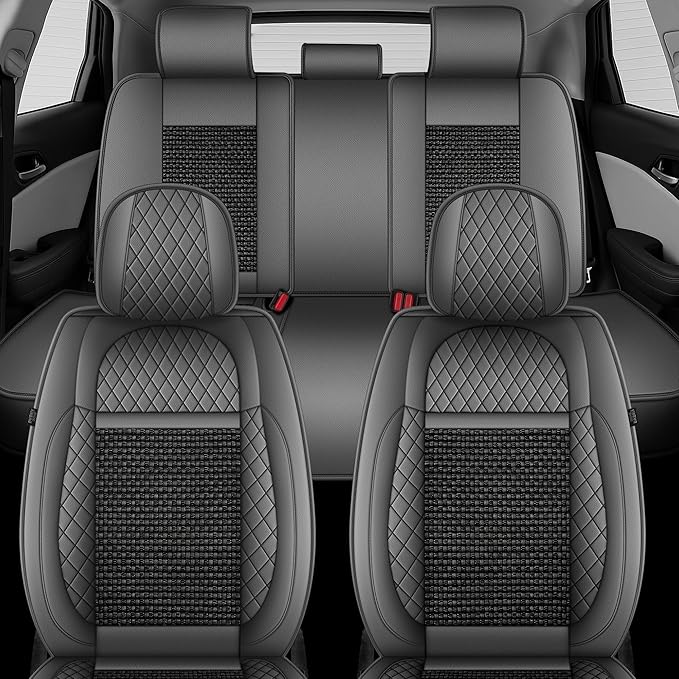 TTX LIGHTING for Kia Rio 2013-2023 Car Seat Covers, Breathable Ice Silk & Leather Seat Protector, Cool & Anti-Sweat for Long Driving, Airbag Compatible, 5 Seats Full Set (Black&Gray)
