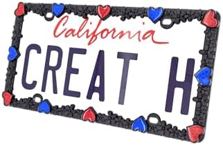Creathome 3D Daisy Heart License Plate Frame from Pure Zinc Alloy Metal Perfect Plate Holder, Matt Black Daisy with Red and Blue Reflective Heart