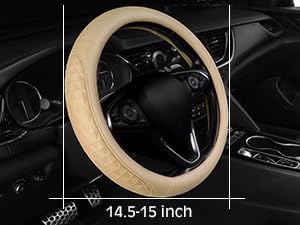 CAR PASS 3D Rhombus Leather Steering Wheel Cover Car Accessories Set, Comfortable Center Console Armrest Cushion with Storage Bags 2 Non-Slip Cup Coasters, 14.5-15in Car Interior Sets, 4 PCS All Beige