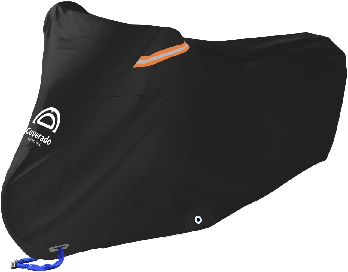 Motorcycle Cover, Motorcycle Cover Waterproof Outdoor with Lock Holes and Inner Flame Retardant Cloth Snow Rain Uv Protection Motorcycle Covers Fit for Harley Davidson Yamaha Etc (Up to 97'' Length)