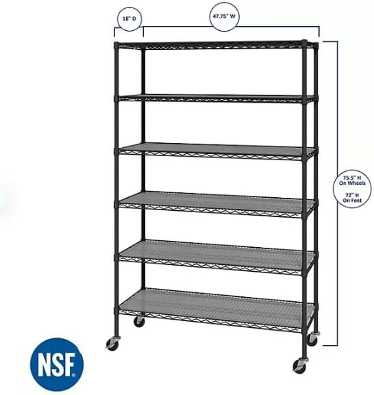 Organize in Style with The Members Mark 6-Tier NSF Heavy Duty Wire Shelving, 47.75" W x 18" D x 75.5" H (Graphite, 2 PACK)