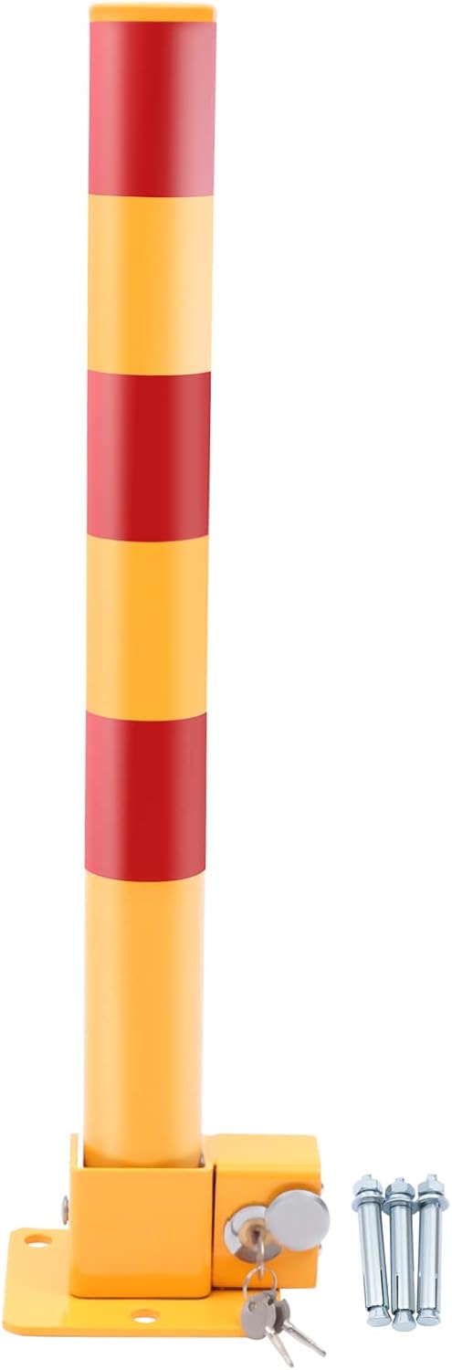 Parking Post and Base With Lock, Parking Barrier Post Parking Blocker Driveway Blocker 23.6 Inch Parking Lock Personal Garage Driveway Barrier Safety Parking Barrier Traffic Pole, Yellow + Red