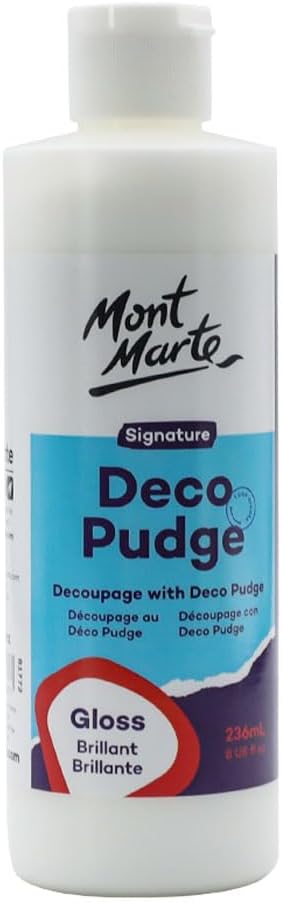 Mont Marte Deco Pudge Craft Varnish Signature 236ml (8 US fl.oz) – Gloss, Multi-Purpose Clear Craft Sealer, Varnish and Decoupage Glue, Ideal for Acrylic Paints, Paper, Wood, Ceramics, Fabrics, Clay