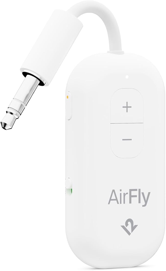 AirFly Pro 2 – Bluetooth Adapter, Pair 2 AirPods or Wireless Headphones – 3.5mm AUX Bluetooth Transmitter and Receiver for Cars, Boats, Treadmills, TVs & More – Travel Essentials,White