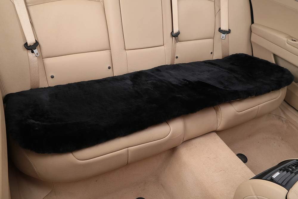 Fluffy Genuine Australia Sheepskin Car Seat Cover for Auto Interior Accessories with Soft Fuzzy Wool Eco-Friendly Natural Fur Non-Slip (Black, Back)