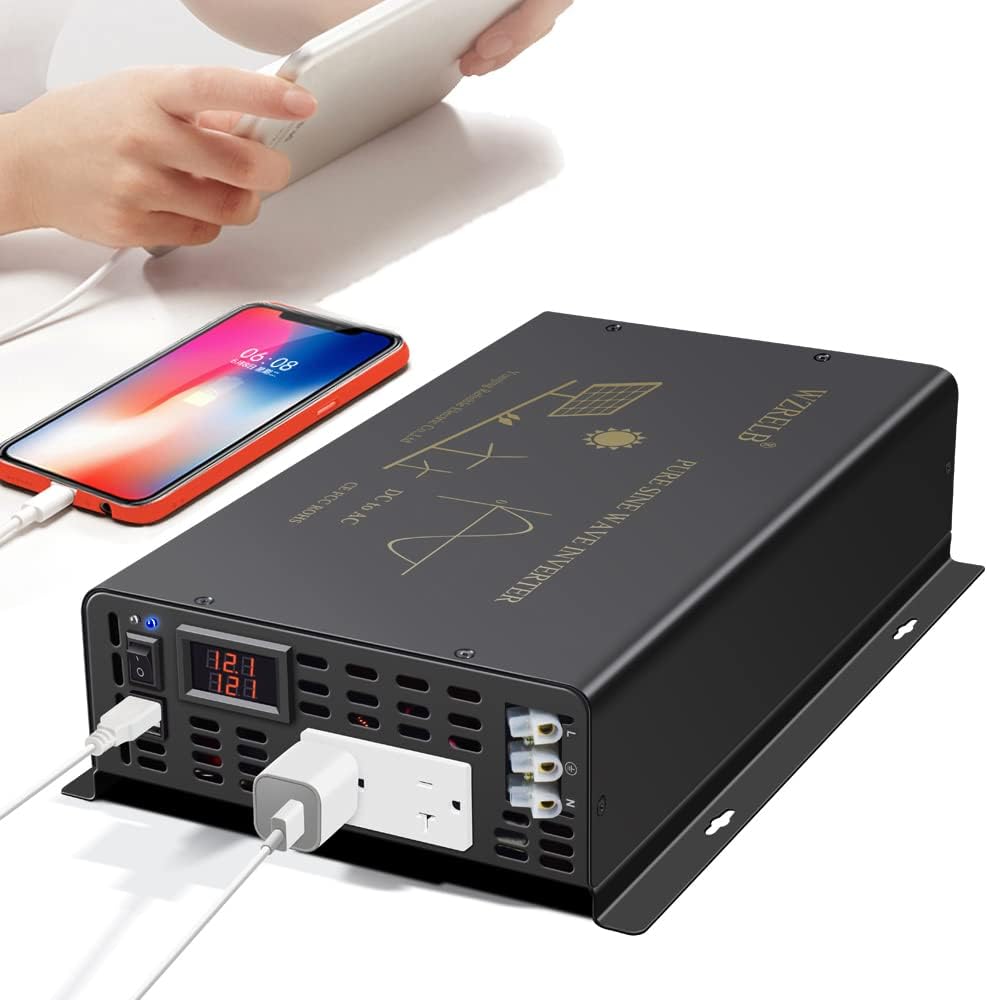 WZRELB 2500W Pure Sine Wave Power Inverter 12VDC to 120VAC 60HZ Dual AC Outlets 2× 2.4A USB Port&Hardwire Terminal Off-Grid Solar Converter RV Trucks Home