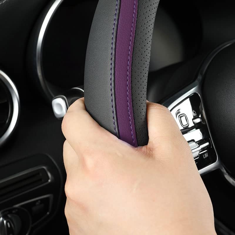 Car Steering Wheel Cover, Leather Steering Wheel Cover Purple Universal 14.5-15 Inch Microfiber Leather Anti-Slip Breathable Auto Steering Wheel Covers for Men Women (Black&Purple)