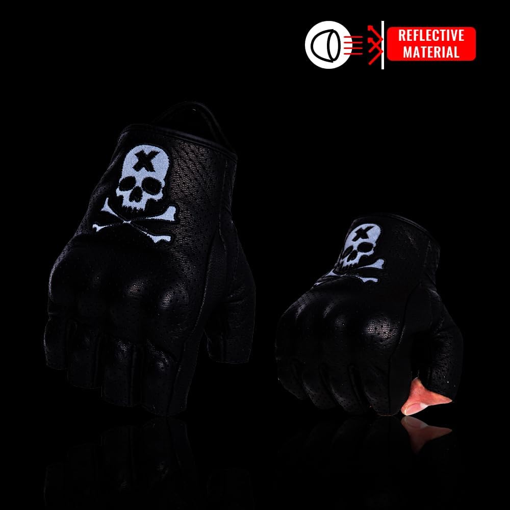 Goatskin Leather Motorcycle Motorbike Powersports Racing Gloves Reflective Skull Touchscreen for Men and Women Model