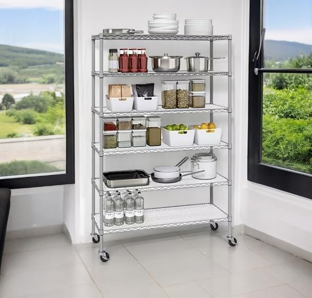 Organize in Style with The Members Mark 6-Tier NSF Heavy Duty Wire Shelving, 47.75" W x 18" D x 75.5" H (Granite, 2 PACK)