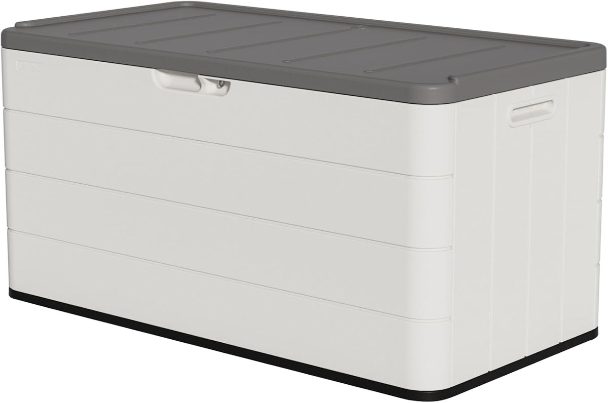 Premium Pro Edition 100 Gallon Lockable Resin Deck Box, Waterproof & UV-Resistant Outdoor Storage Box for Outdoor Cushion Storage, Garden Tools & Pool Accessories Storage, White