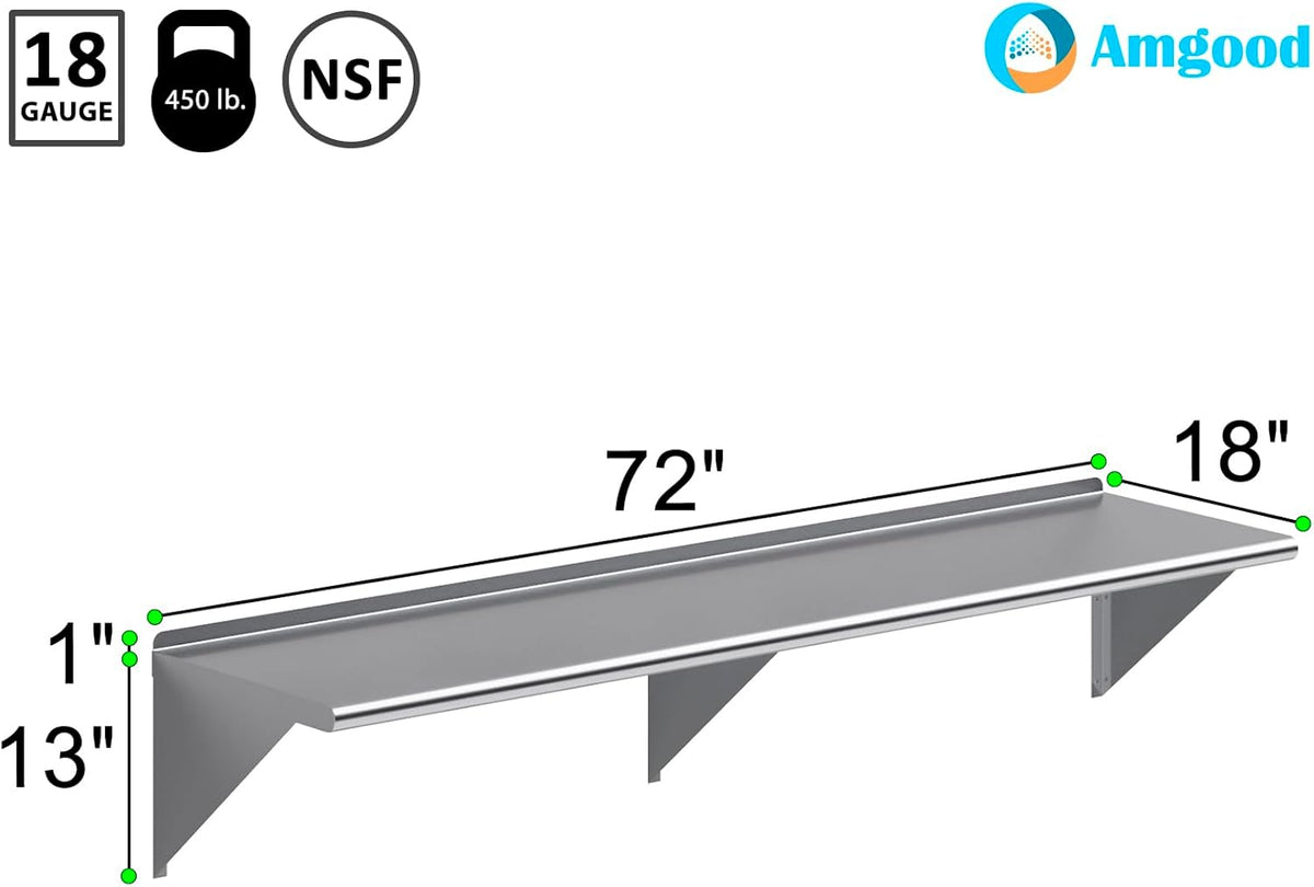 AmGood 72" Long X 18" Deep Stainless Steel Wall Shelf | NSF Certified | Appliance & Equipment Metal Shelving | Kitchen, Restaurant, Garage, Laundry, Utility Room