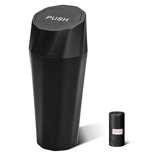 Car Trash Can Bin with Lid - Car Garbage Can with 20pcs Trash Bags for Cup Holder - Black Leakproof Mini Vehicle Trash Bin for SUV Truck - Small Car Organizers and Storage for Door Front Back Seat
