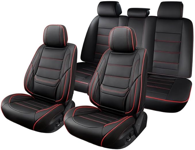 Car Seat Covers Custom Fit for Chevrolet/Chevy Captiva 2006-2018 , Premium Faux Leather Waterproof Car Seat Protectors with Lumbar Support, Breathable Anti-Slip Easy to install(Black&Red,Full set)