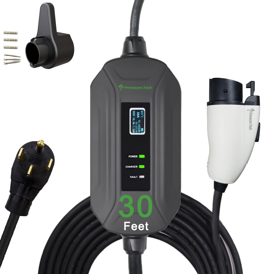 PRIMECOM Level 2 EV Charger 220/240V, 16A, 30ft & 50ft, Portable EVSE Electric Vehicle Charging Cable Compatible with Bolt Volt Leaf BMW i3 Fiat 500e Clarity NIRO Prius (14-50P, 30 Feet)