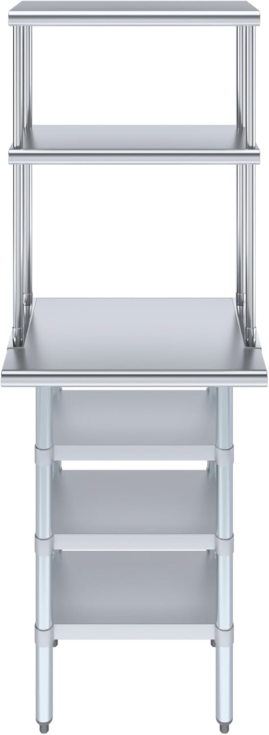 Amgood 18" x 24" Stainless Steel Work Table with 3 Shelves and 12" Wide Double Tier Overshelf | Metal Kitchen Prep Table & Shelving Combo | NSF