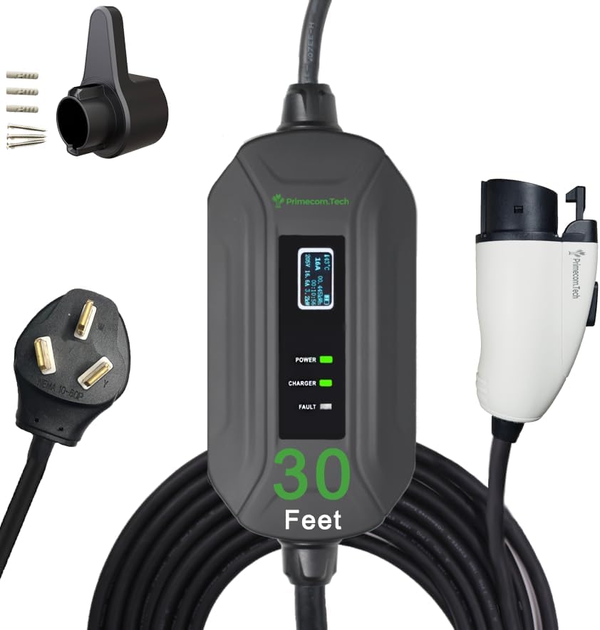 PRIMECOM Level 2 EV Charger 220/240V, 16A, 30ft & 50ft, Portable EVSE Electric Vehicle Charging Cable Compatible with Bolt Volt Leaf BMW i3 Fiat 500e Clarity NIRO Prius (30 Feet, 10-50P)
