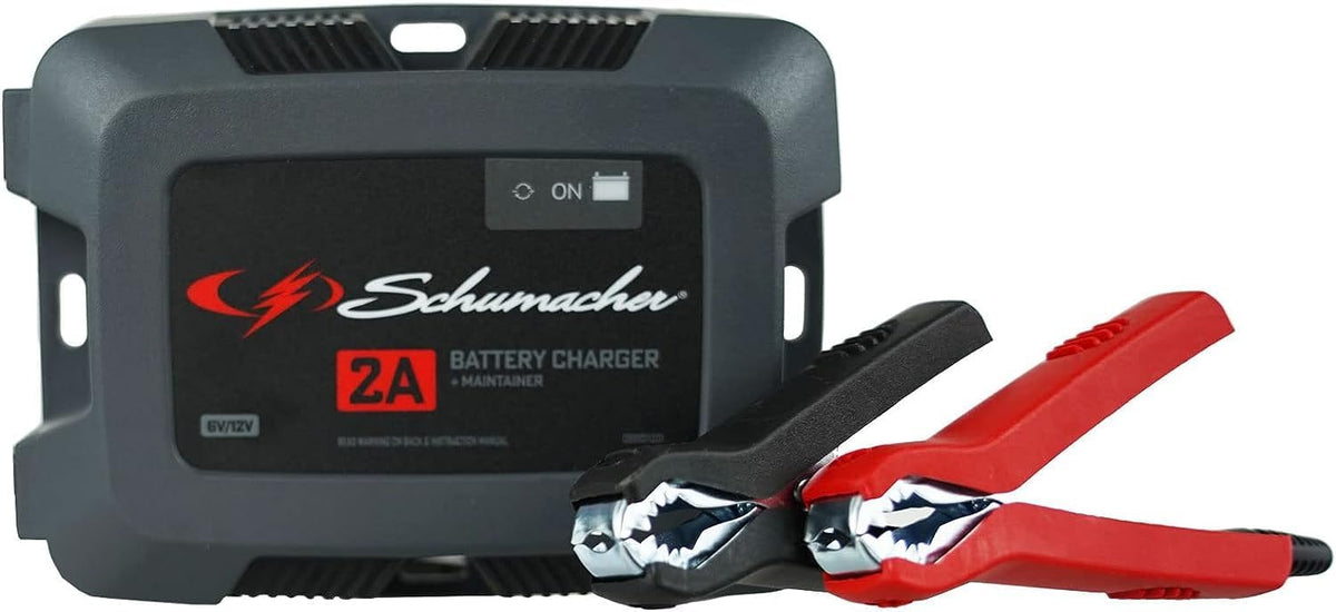 Schumacher Electric Fully Automatic 2A 6V / 12V Battery Charger & Maintainer - Multi-Stage Smart Charging with Quick-Connect Clamps - Car Battery Charger for Motorcycles, Lawn Mowers & More - SC1588
