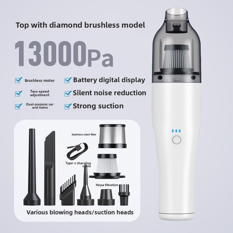 Wireless car-Mounted Vacuum Cleaner 13000PA Suction Handheld Vacuum USB Charging Cleaner Portable Vacuum Cleaner Hair Suction Device Cleaning for car interiors (White brushless Vacuum cl)