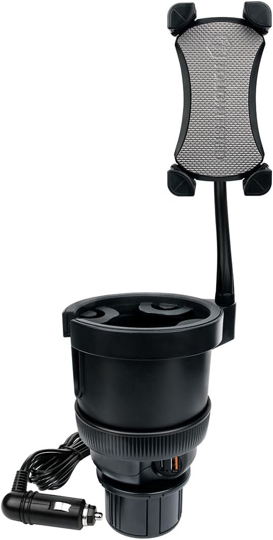ToughTested XL Power Cup Holder Phone Holder - Heavy-Duty Phone Mount & Oversized Cup Holder for Car – Fits 64oz YETI/Stanley Mugs, USB Ports, 9" Gooseneck Arm – Universal for Truck, SUV, RV & Van