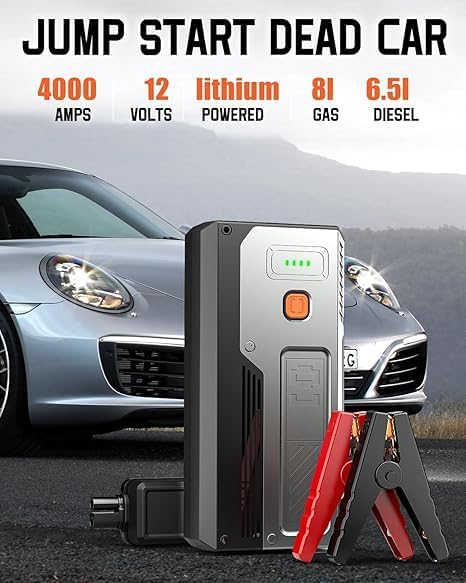 Car Jump Starter 4000A,Portable Car Battery Jump Starter for Up to 8L Gas & 6.5L Diesel Engines, 12V Jump Starter Power Pack with 3 Modes LED Light, USB Quick Charge