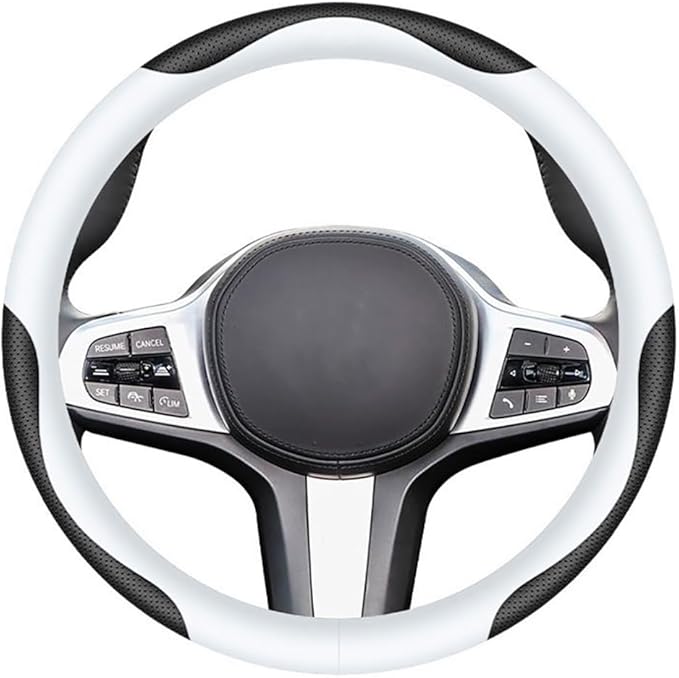Carodi Leather Car Steering Wheel Cover, Elegant, Fashionable, Comfortable, Non-Slip, Breathable, Universal 15 inch, Black and White