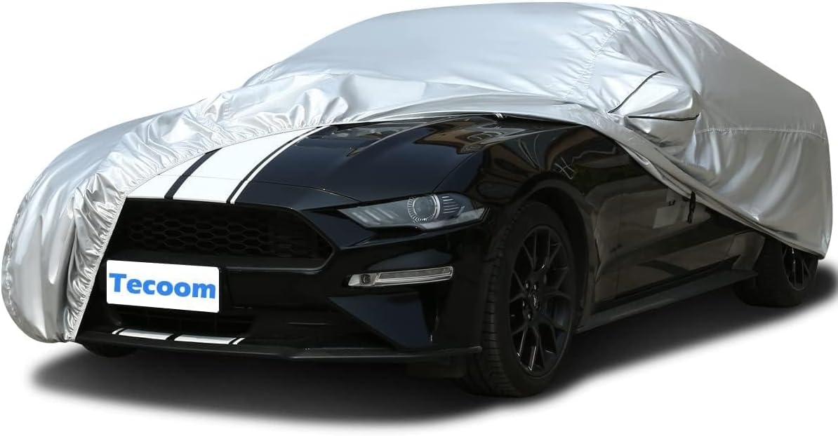 Tecoom Hard Shell Car Cover Waterproof UV-Proof Windproof for All Weather Indoor Outdoor Without Door Zipper & Mirror Pockets Fit 173-182 Inches Length Coupe/Convertible/Sport Car