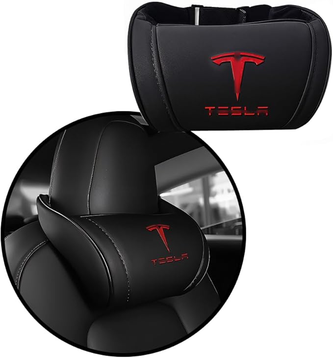 Car Headrest Neck Pillow Support Ergonomic, with Valve Stem Covers Accessory for Driving Seat Fatigue Relief Compatible with Model S X 3 Y & Cybertruck - 1 Piece