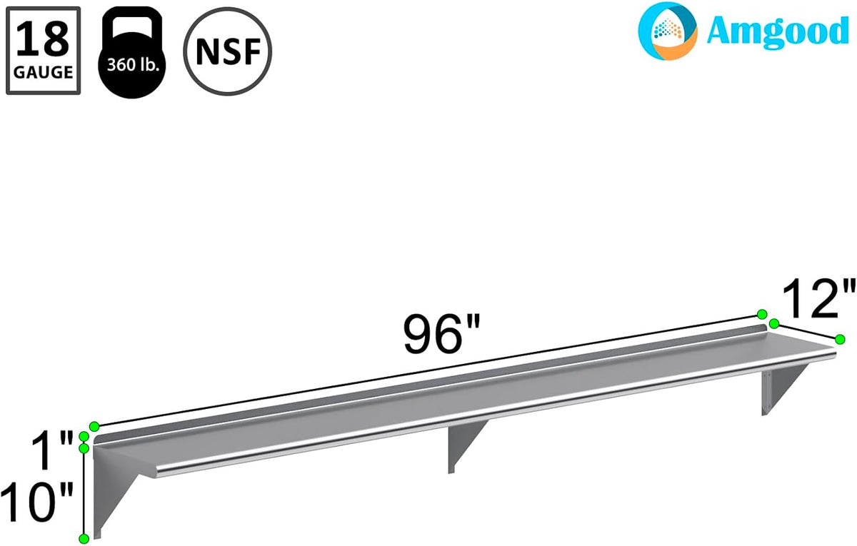 AmGood 96" Long X 12" Deep Stainless Steel Wall Shelf | NSF Certified | Appliance & Equipment Metal Shelving | Kitchen, Restaurant, Garage, Laundry, Utility Room