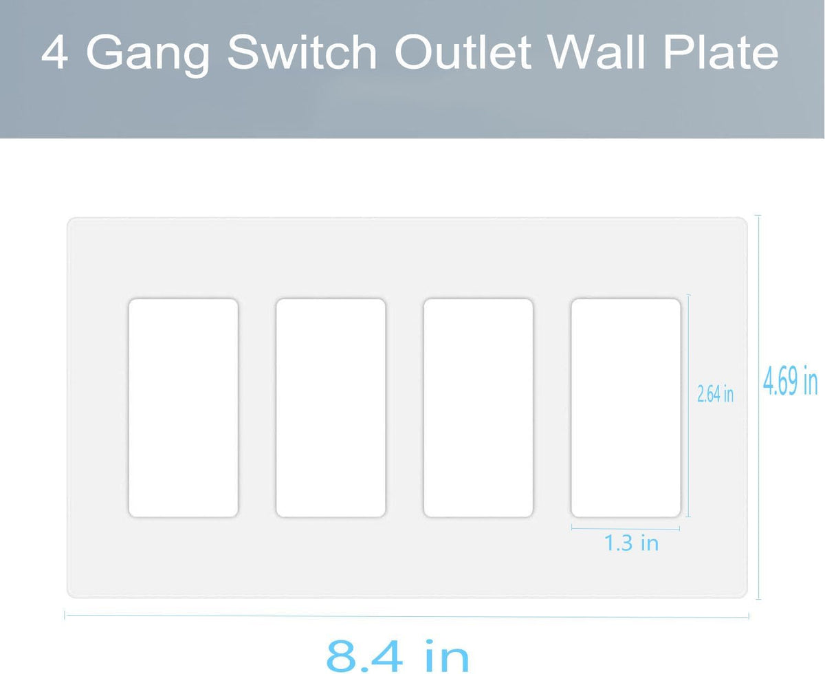 4-Gang Screwless Decora Wall Plate Cover Switch Outlet Electrical Faceplate for Light Switche, Smart Switch, Receptacle, Dimmers, USB Outlet, GFCI, Child Safe Cover Plate, White (6-Pack)
