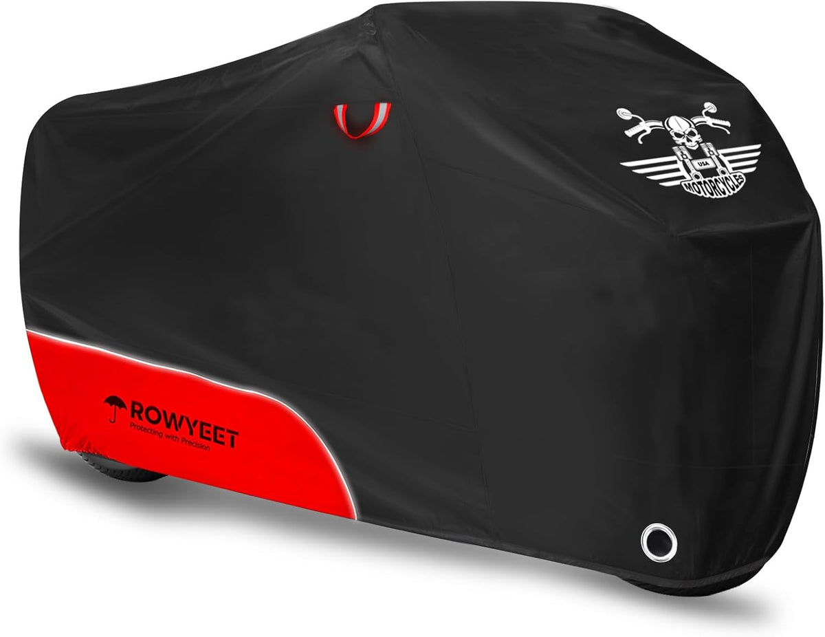 Motorcycle Cover Waterproof Outdoor Storage with Lock-Holes, Storage Bag & Night Reflective Design, Heavy Duty Protection Powersports Vehicle Covers Fits up to 96.5"-116" (420D Red, 116")