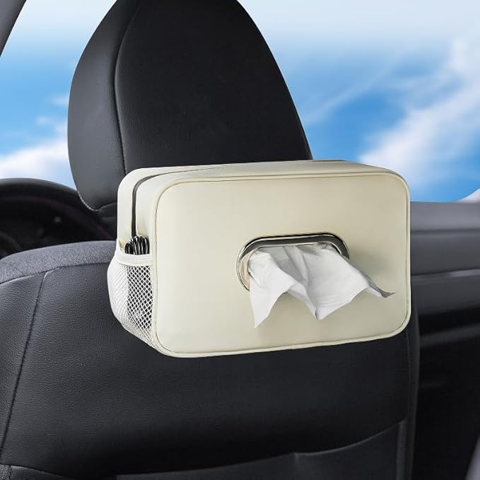 Multi-Functional Car Tissue Holder with ‌2 Storage Nets, Upgraded PU Leather Tissue Box Cover, Large Rectangle Napkin Organizer, Fit for 100-160 Regular Size Tissues, Keep Car Tidy, Beige