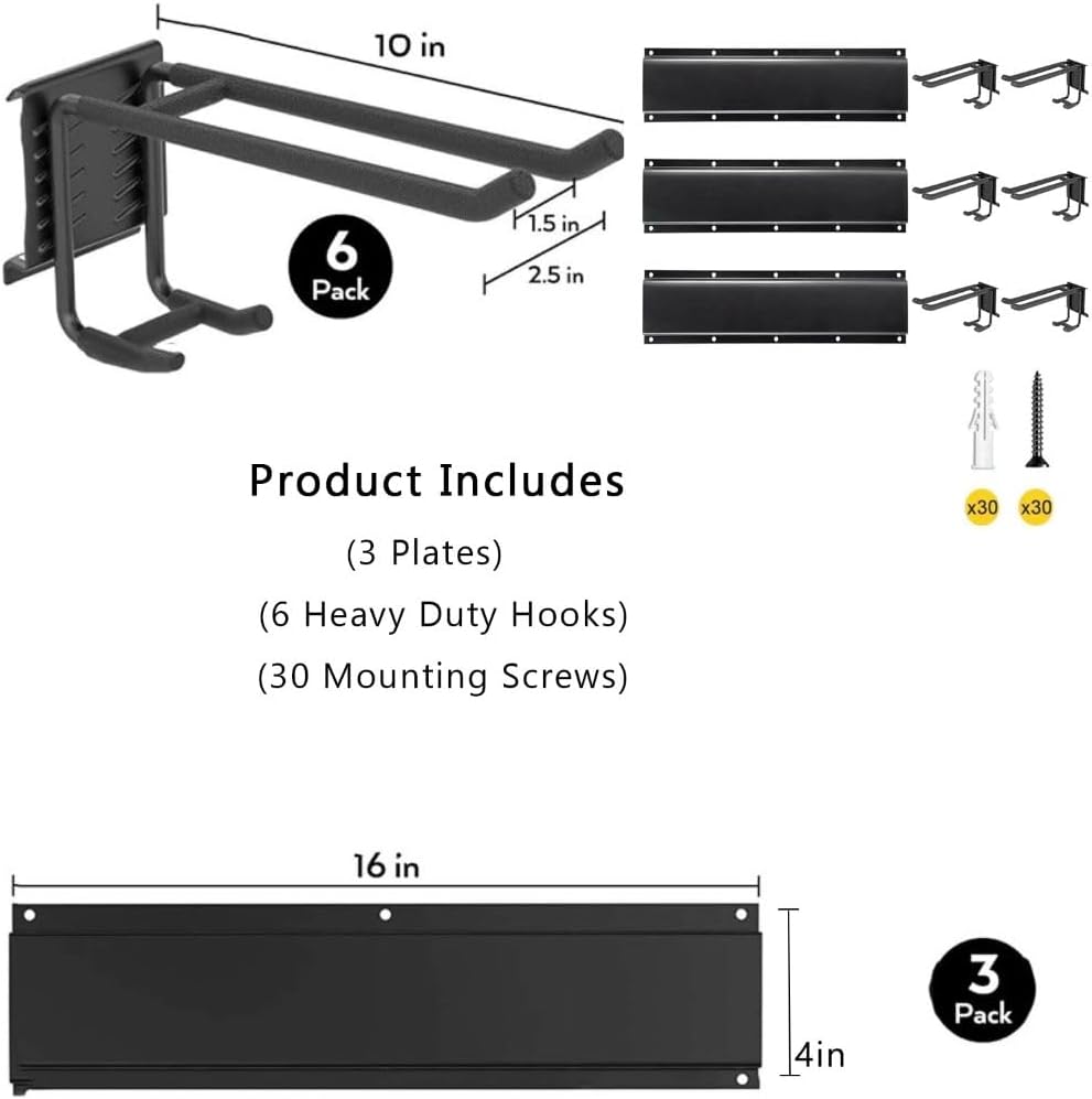 Garage Wall Organizers,Tool Hangers for Garage,Garden Tool Rack Wall Mount,Yard Tool Organizer for Garage,Garage Wall Mount(3 Boards 6 Double Layer Heavy Hooks)