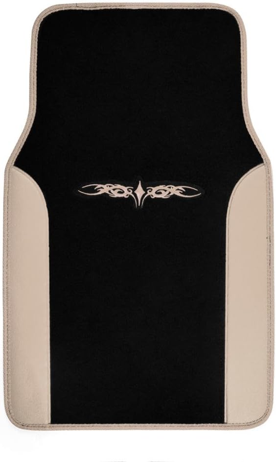 BDK carXS Fresh Two-Tone Carpet Floor Mats, Tribal Tattoo Design with Vinyl Trim for Car Sedan Truck SUV, Front & Rear Set of 4, Beige