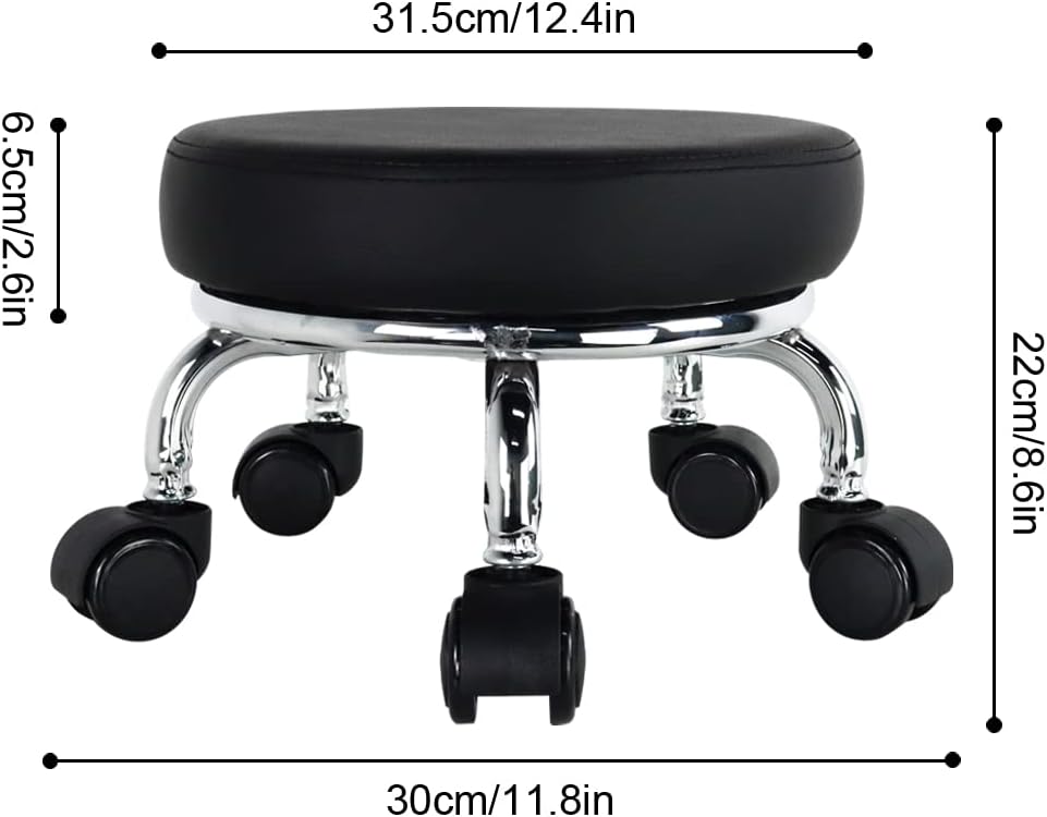 Modern Roller Seat PU Leather Low Round Rolling Stool 360 Swivel Small Stool with Universal Caster Wheels for Home Office, Garage, Shop, Fitness, Sport (H: 8.6", Black)