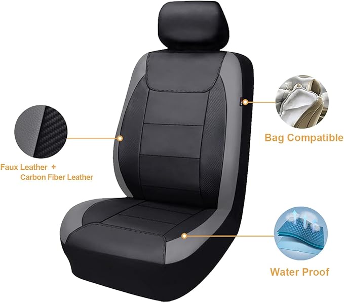 Flying Banner car seat Covers Protects Water Proof Faux Leather Carbon Fiber Front and Rear Bench (Gray Black, Full Set - 9PCS)